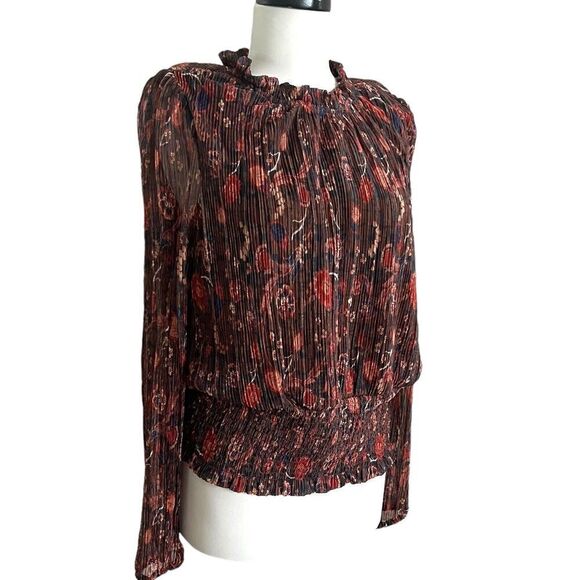 Joie Floral Blouse Womens XL Smocked Hem Pink Brown Metallic Long Sleeve Top - Picture 1 of 12